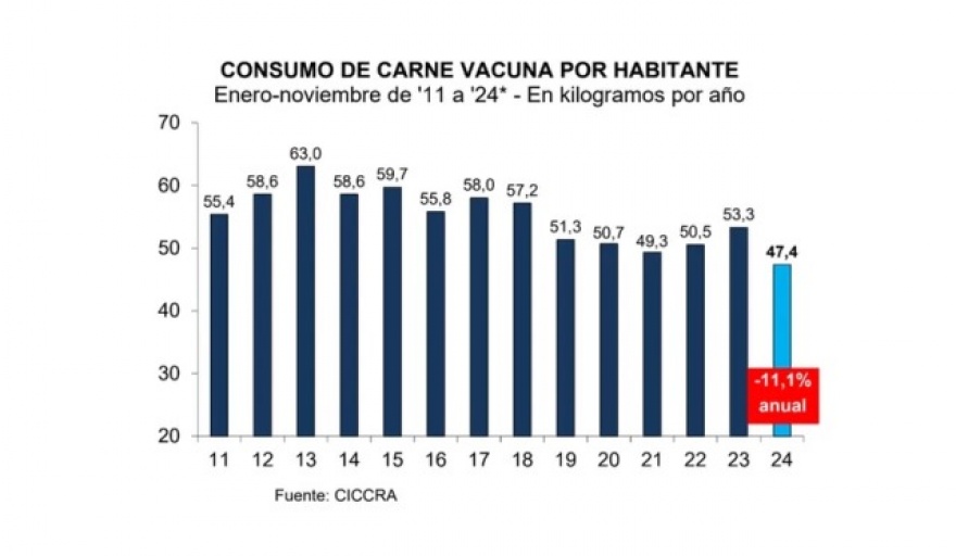 El consumo de carne vacuna cae a su nivel más bajo en 22 años