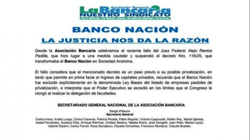 Suspenden el Decreto que convertía al Banco Nación en Sociedad Anónima